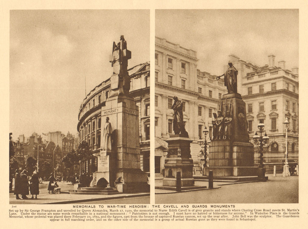 Edith Cavell, Charing Cross Road. Guards Memorial, Waterloo Place 1926 print